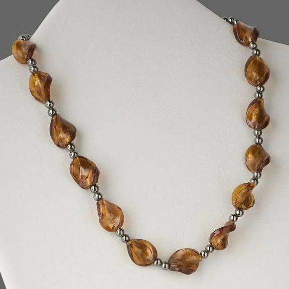 Hand Crafted Jewelry - Hand Crafted Twisted Amber Murano Glass & Gunmetal Brass Beads Necklace